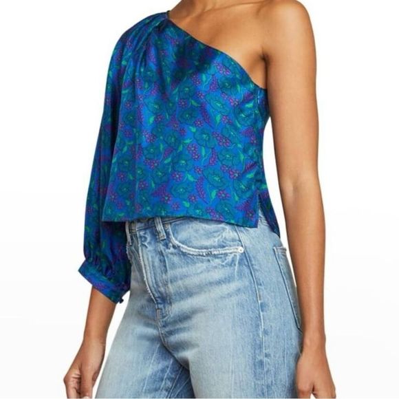 Veronica Beard Silk Blouse Lyric One Shoulder Cobalt Blue Floral size 8 - Picture 1 of 9
